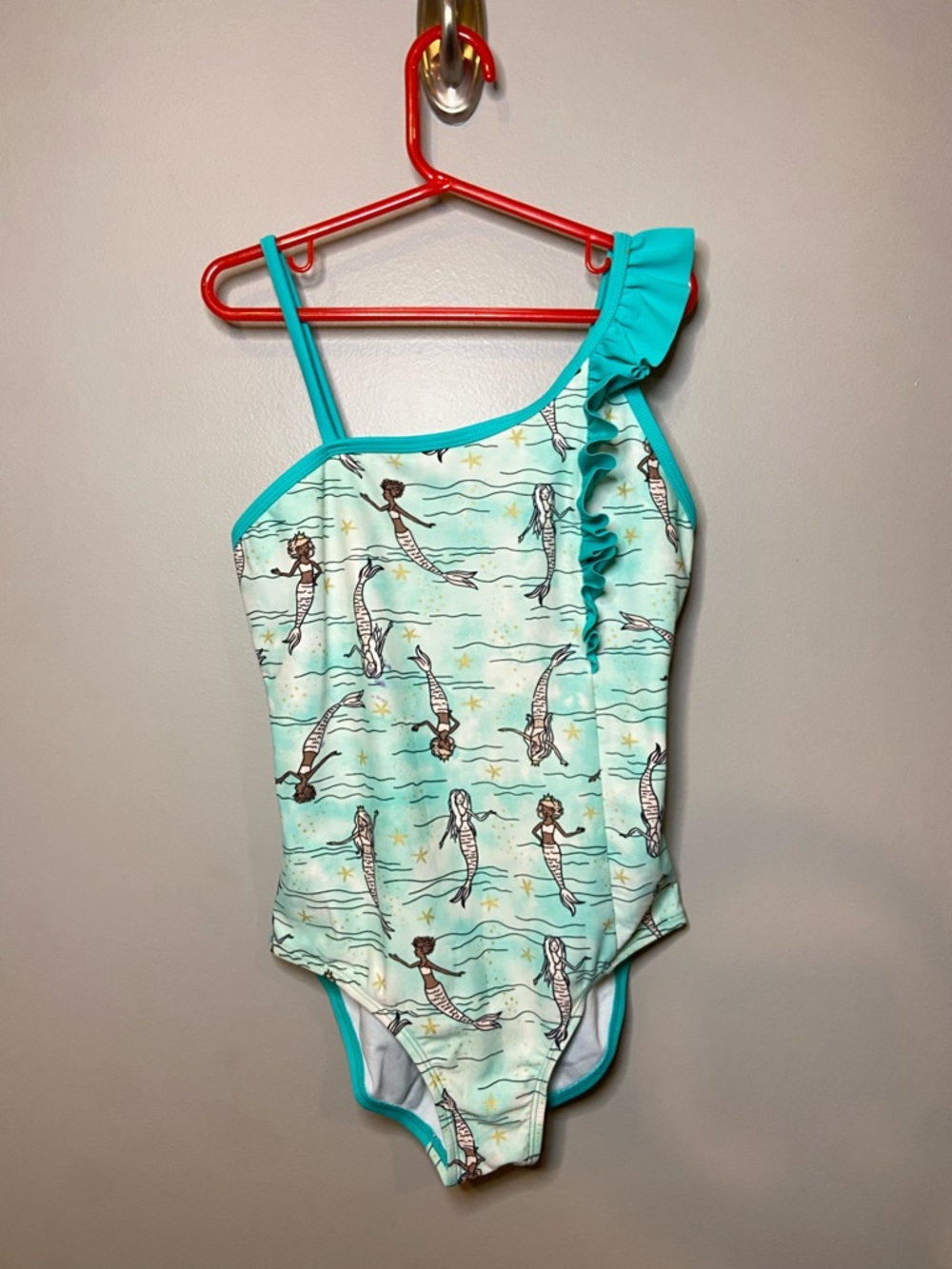 Hilor Girls Mermaid One-Piece Swimsuit | Size 10-12 Large | Teal Ruffle